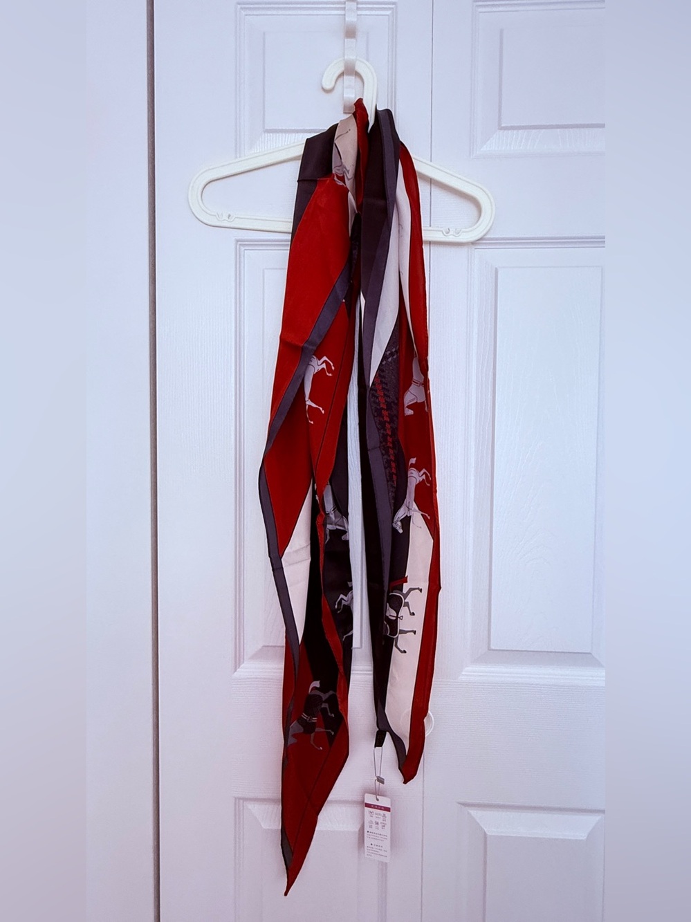 NWT 100% Mulberry Silk Long Triangle Scarf – Horse Print – Red & Black